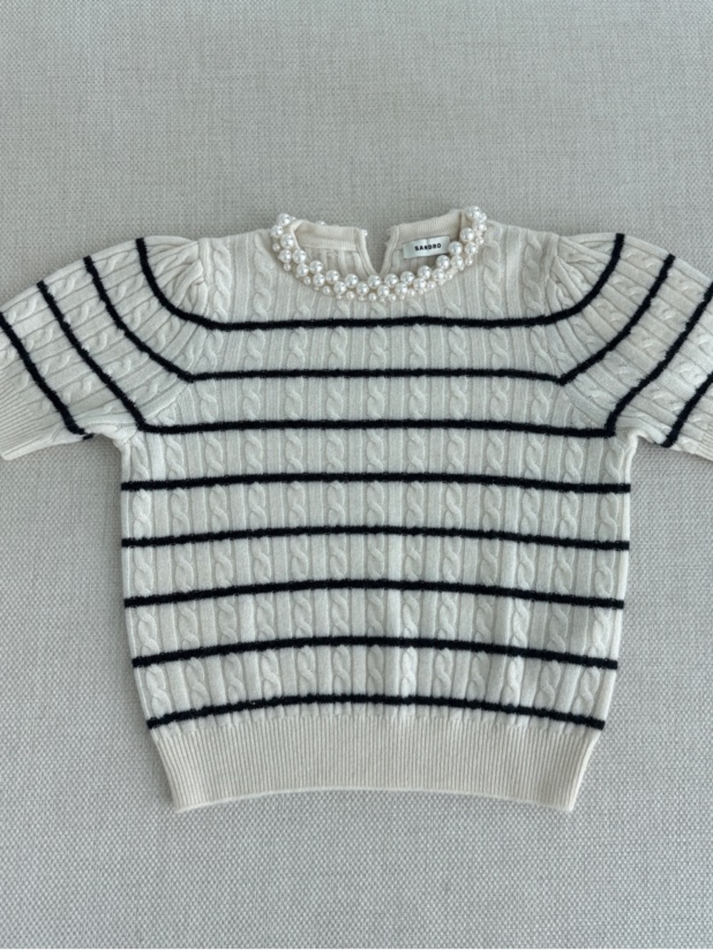 Sandro Cream and dark blue  Striped Cable-Knit Sweater with Pearl Trim